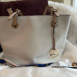 Michael kors white with beige straps tote with free scarf white blue red 14by 10